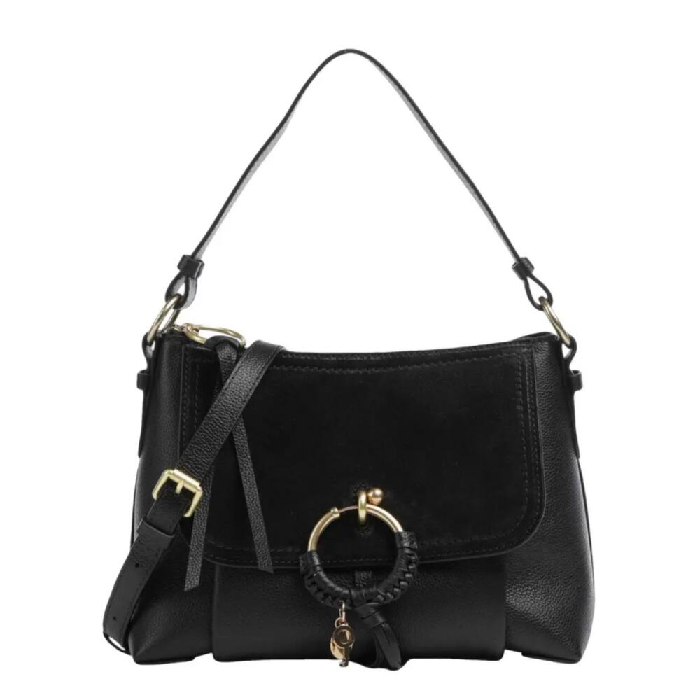 See By Chloé Joan Small Hobo Black Leather Suede Crossbody Gold Ring Authentic